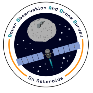 A space craft flies across a star field toward the asteroid Vesta, surrounded by a circle with the words Rover Observation and Drone Survey (ROADS) on Asteroids.
