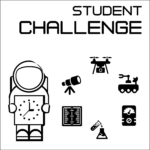 Student Challenge icon -- A white square with a black border, showing the words "Student Challenge" above an astronaut holding a clock next to icons representing a telescope, a drone, a rover, a testing meter, a beaker and flask, and a notebook.